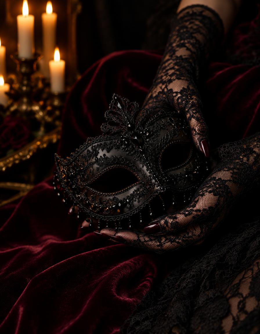 Dettaglio: guanti lunghi di pizzo e maschera nera su velluto bordeaux