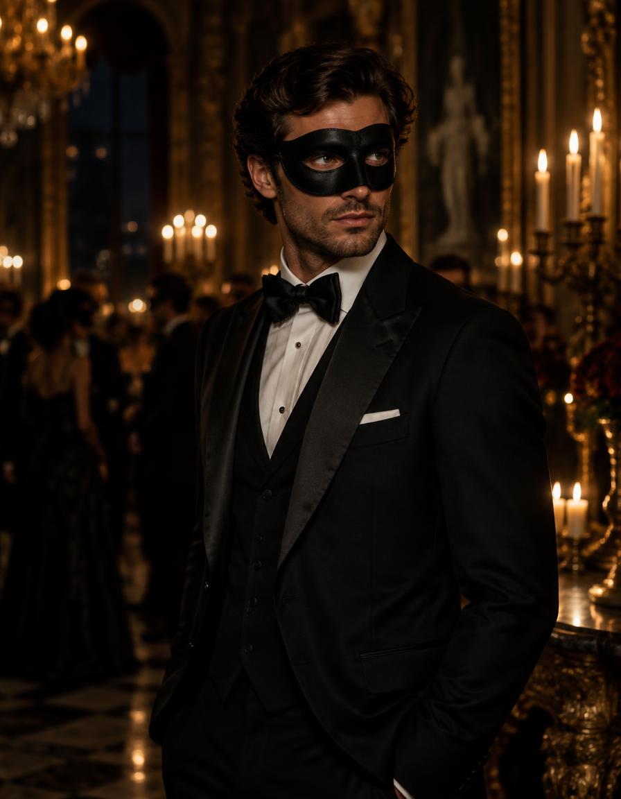 Smoking classico con maschera nera in un salone a lume di candela